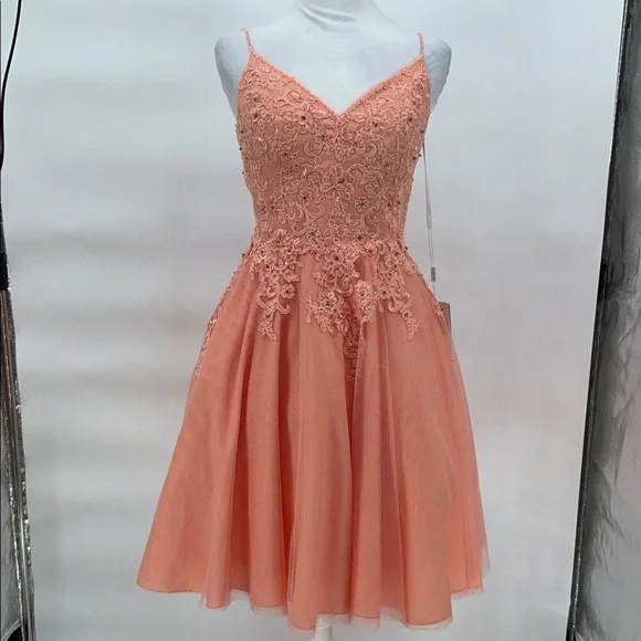 JJ’s House Coral Tulle Lace Embroidered Fit Flare Dress Spaghetti Strap US 2 - Picture 3 of 11
